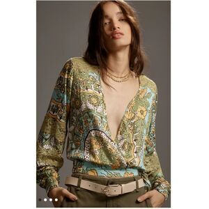 Anthropologie Tiny Green Floral Blouse Womens Sz M Balloon Sleeve Boho Feminine